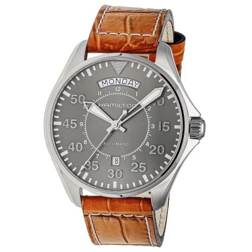 

Hamilton Khaki Aviation Pilot Day Date Auto, 42mm Swiss-made Swiss Watch with Gray Dial, Stainless Steel, Sapphire Crystal, and Brown Leather Strap, H