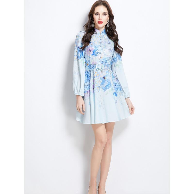 Summer Autumn Women Lantern Sleeve Stand Collar Print Mini Short Beach Seaside Dresses With Belt