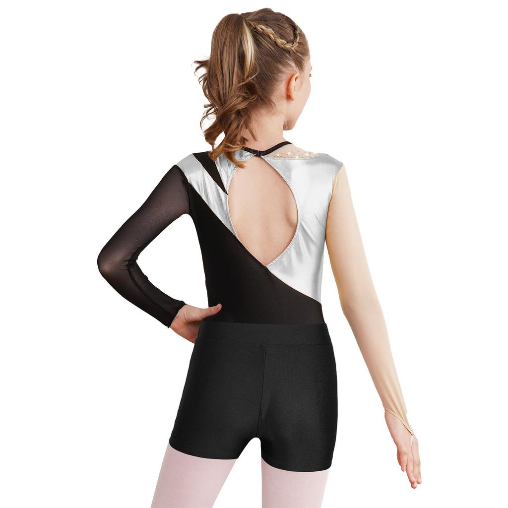 Girls Gymnastics Figure Skating Outfit Patchwork Leotard Mesh Long Sleeve Keyhole Back Bodysuit V Front Waistband Shorts
