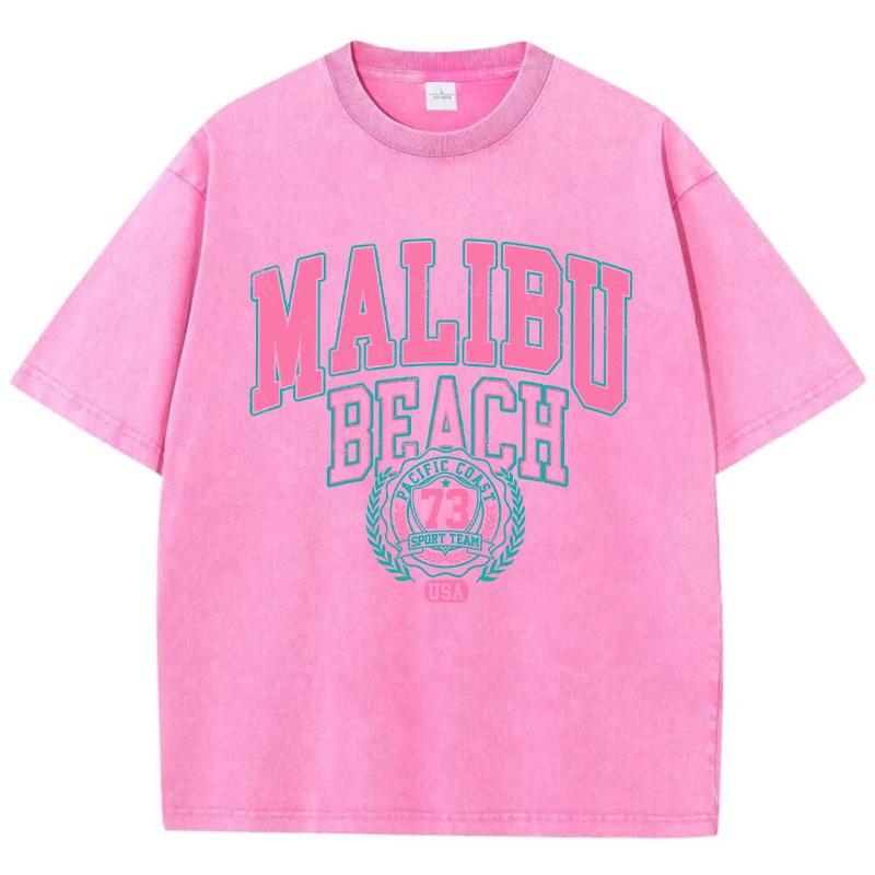 Malibu Beach Washed T-Shirt Women Letter Printing Cotton T Shirt Comfortable Crewneck Tops Casual Oversized Clothes