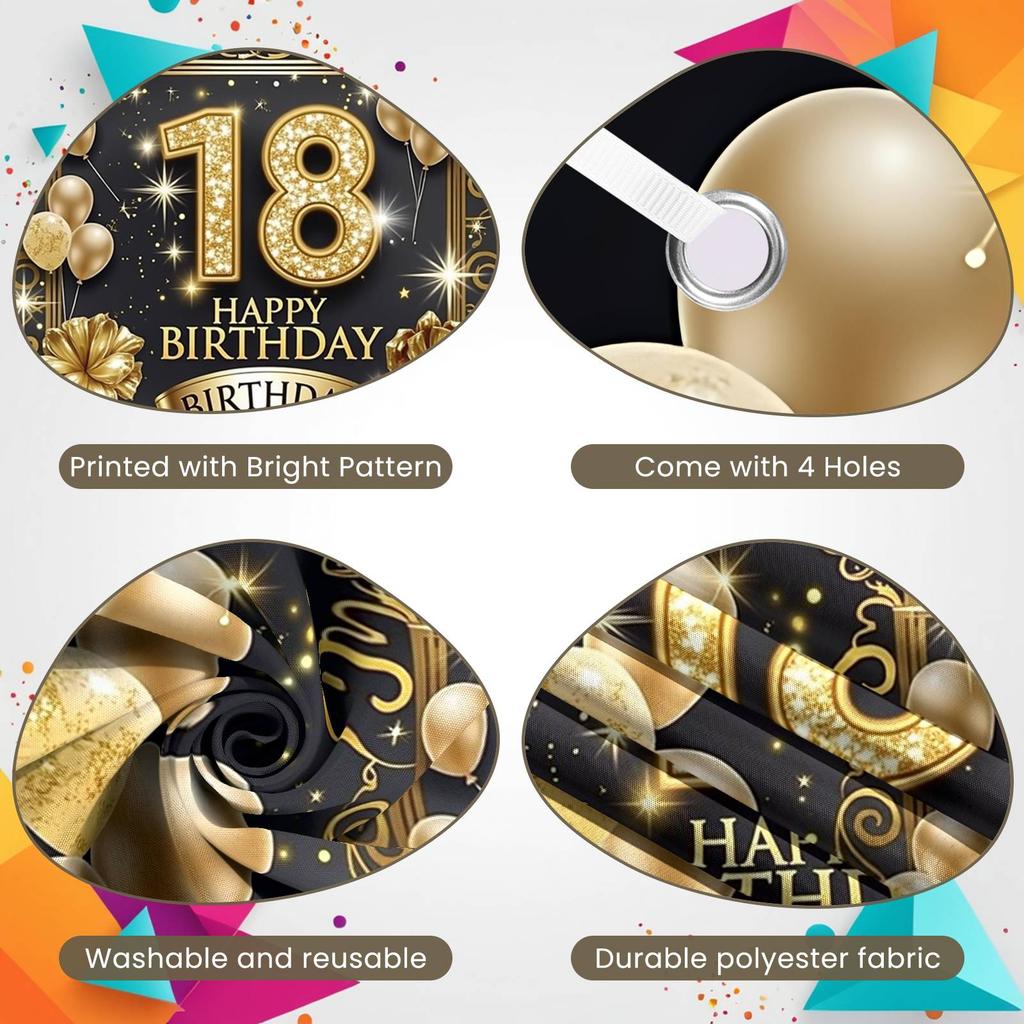 18th Birthday Banner Black Golden Color Decoration Polyester Material For Party Celebration Indoor Decor Birthday Celebration