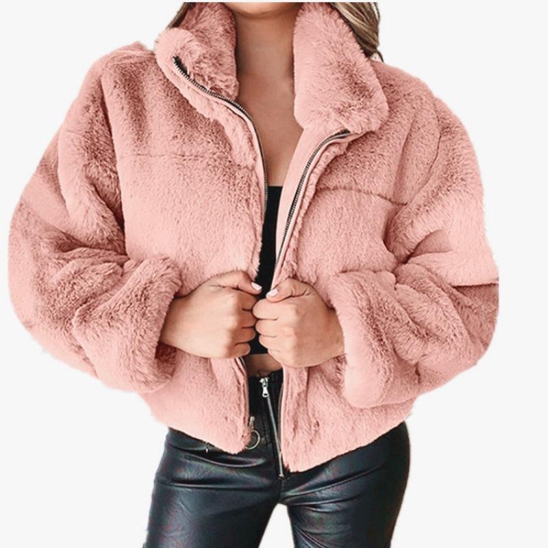 Women's Autumn Winter Faux Fur Short Coats Zipper Plush Warm Oversized Thick Jacket Turn Down Collar Overcoat