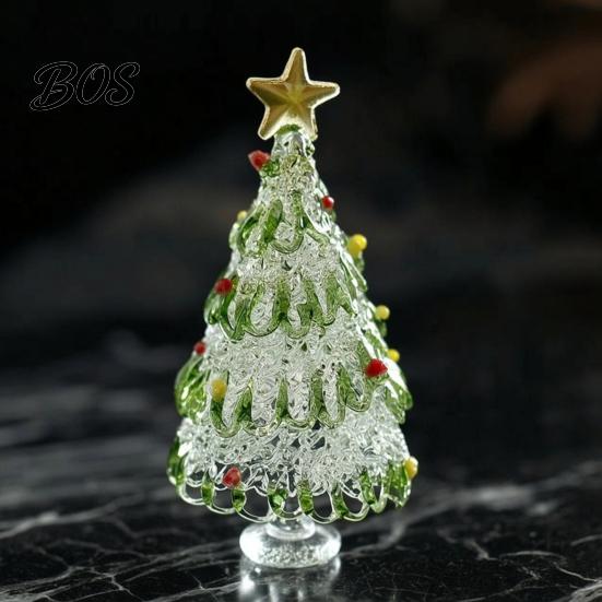 Collectible Glass Craft Hand Blown Christmas Tree Figurine with Golen Star, Seasonal Table Ornament Mini Xmas Ornament, Handmade Desktop Holiday