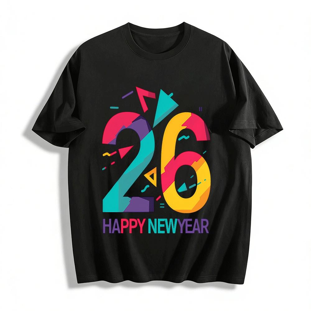 

2026 Happy New Year Color Block Number Print Casual Crewneck Top Pure cotton T-shirt XXS