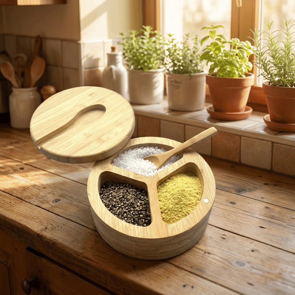 Swivel Lid Wood Spice Box Multifunctional Kitchen Condiment Pots Seasoning Tank  Tabletop Storage