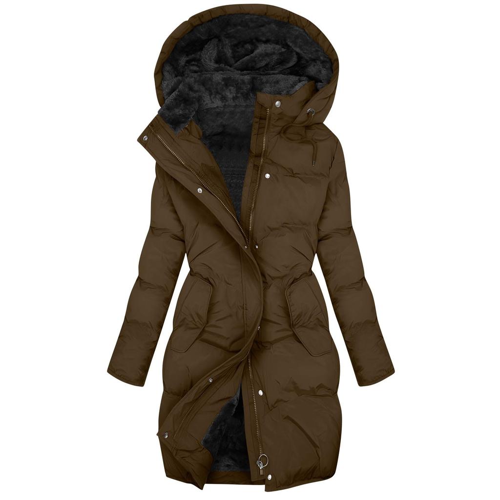 Women's Fashion Solid Color Long Sleeved Hooded Long Zipper Cotton Jacket Warm Coat Down Jacket