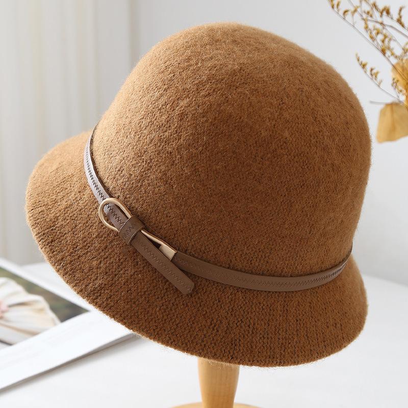 Elegant belt wool basin hat women's autumn and winter versatile face woolen top hat cold and warm bucket hat