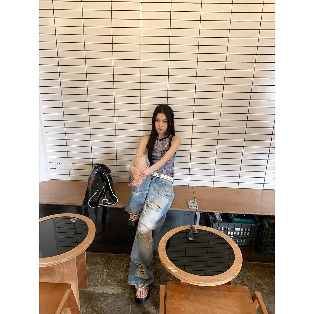 

9hour High Street Women s 2025 Summer Ripped Jeans - Loose Wide-Leg, Floor-Length Style XXL светло-синий