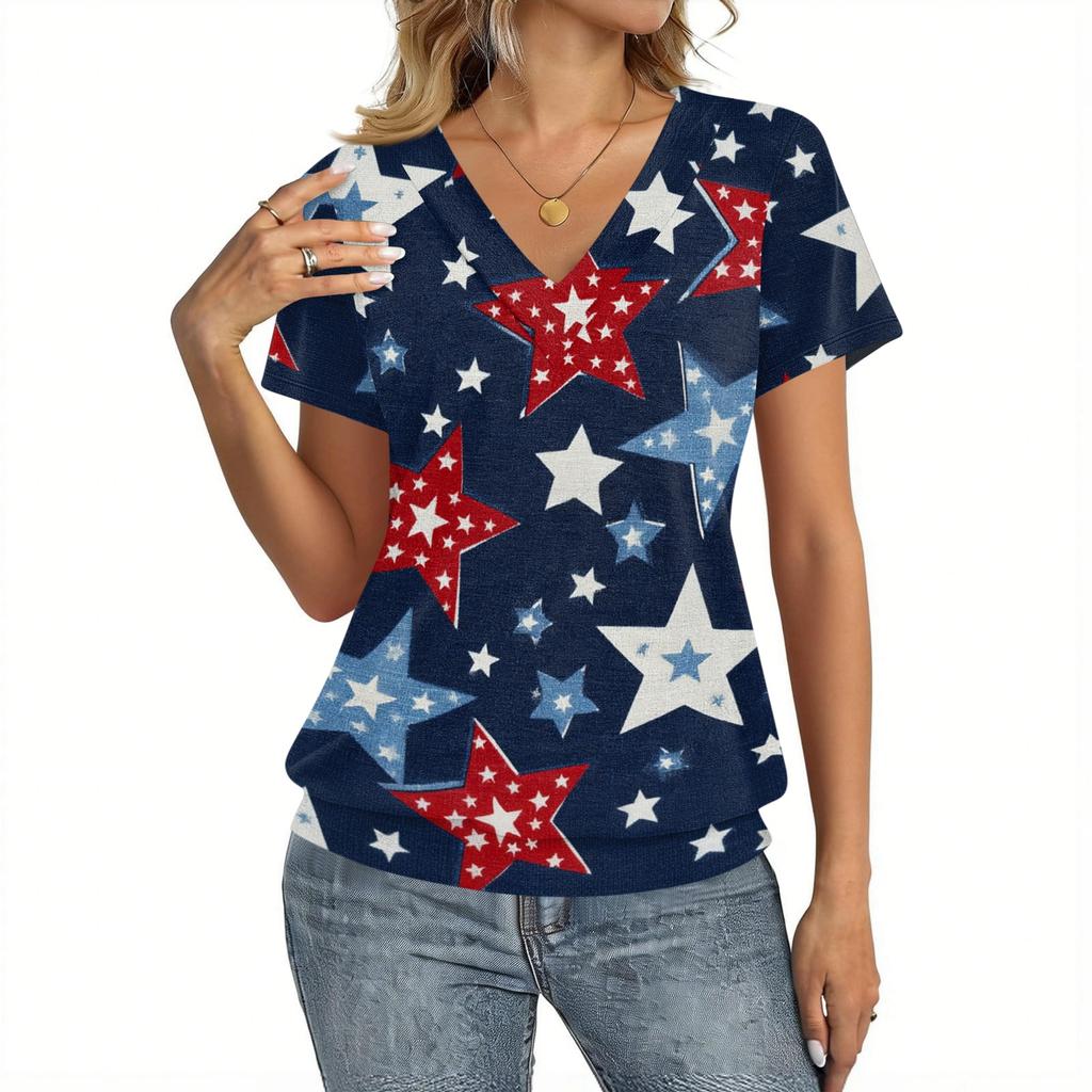 Women's Casual Short Sleeve V Neck Top American Flag Print Lightweight Summer Shirt Comfortable Fit