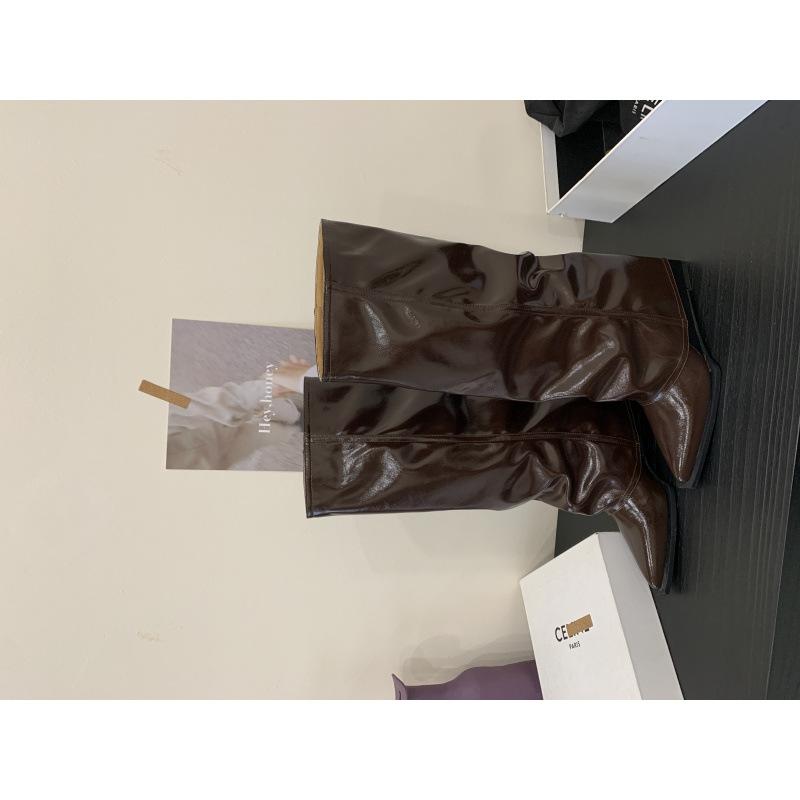 

2025 новые лакированные рыцарские сапоги, но ботфорты, сапоги на платформе, ретро с острым носком, осенне-зимняя мода 40 темно-коричневого