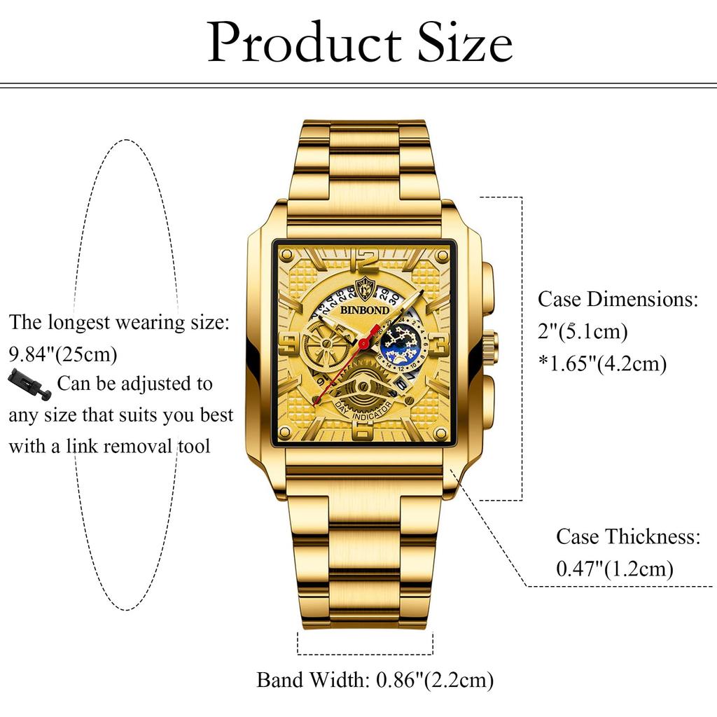 Square Watch with 3ATM Water Stainless Steel Analog Quartz Simple and Stylish Business Watch A Great Gift for and Day Men's Calendar, Gold