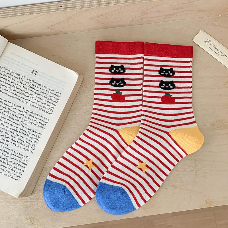 Autumn Women's Socks, Mid-calf Socks, Cartoon Cat Through-pile Socks, Student Socks for Women