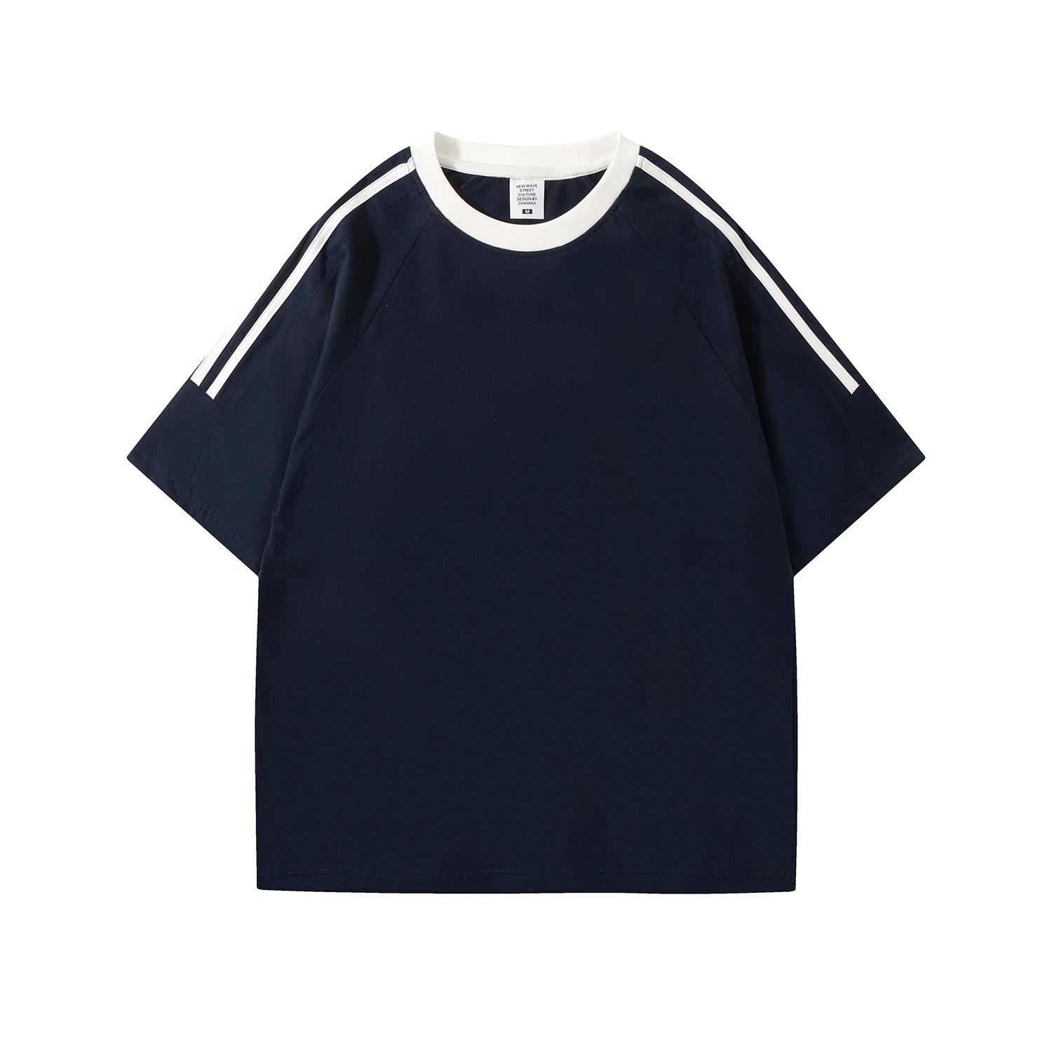 

2024 Летняя классная хлопковая повседневная ретро-футболка с тремя полосками и заниженным плечом Medium темно-синий