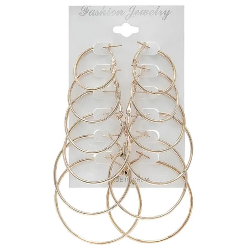 

6 Pairs Fashion Hoop Earrings Set For Women Silver Color Round Circle Earring Studs Female Trendy Ladies Party Jewelry Gift золотистий