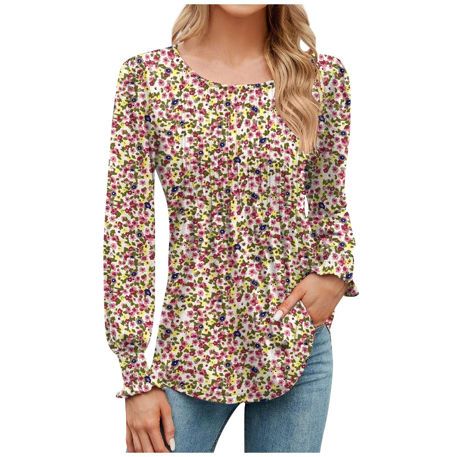 Women s Color Floral Casual Puff Sleeve Round Neck Long Sleeve Top L