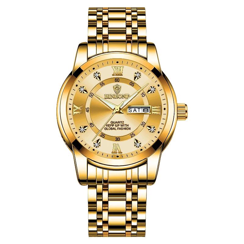 BINBOND Luxury Men Quartz Watch Waterproof Date Week Luminous Wristwatch Stainless Steel Men's Watches Male Clock Sports Reloj