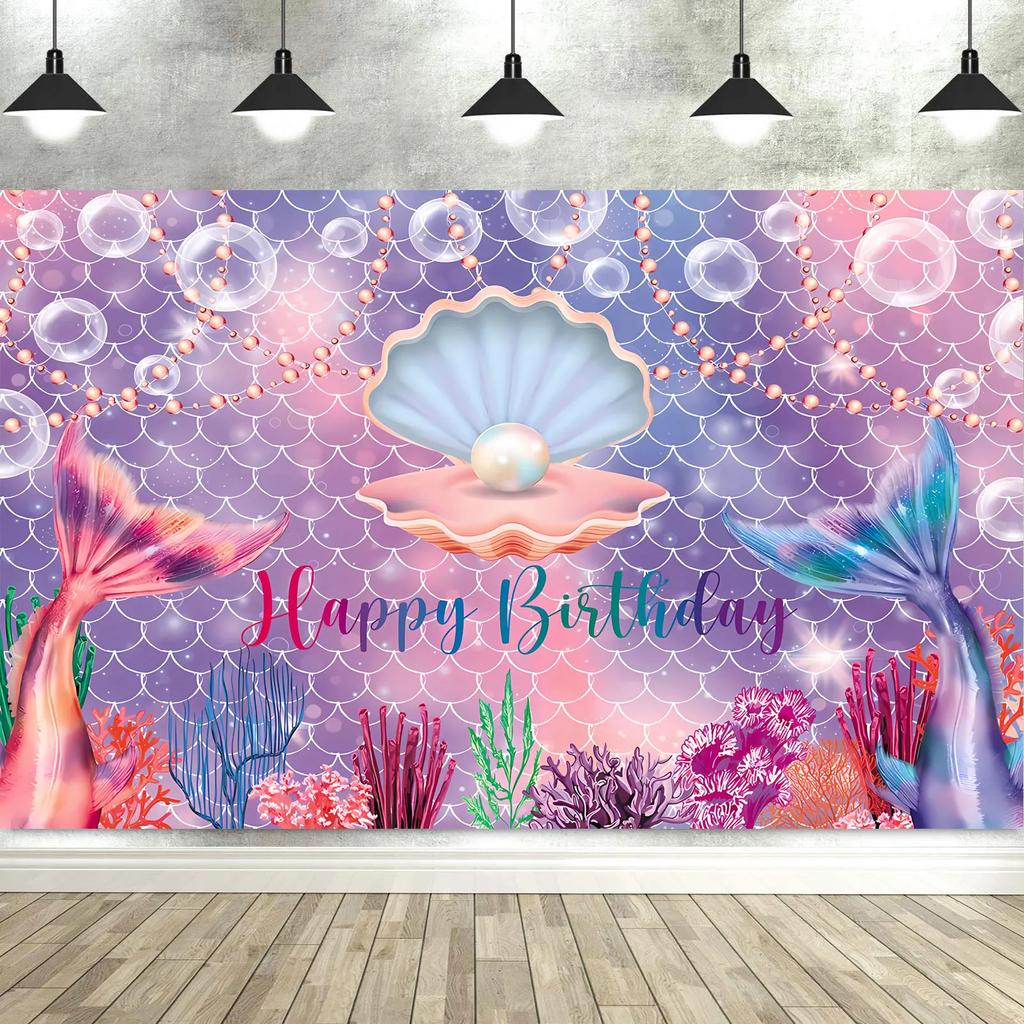 Mermaid Under The Sea Birthday Backdrop – Princess Theme For Girl'S Baby Shower & Party, Photography Banner Decor-Tapestry