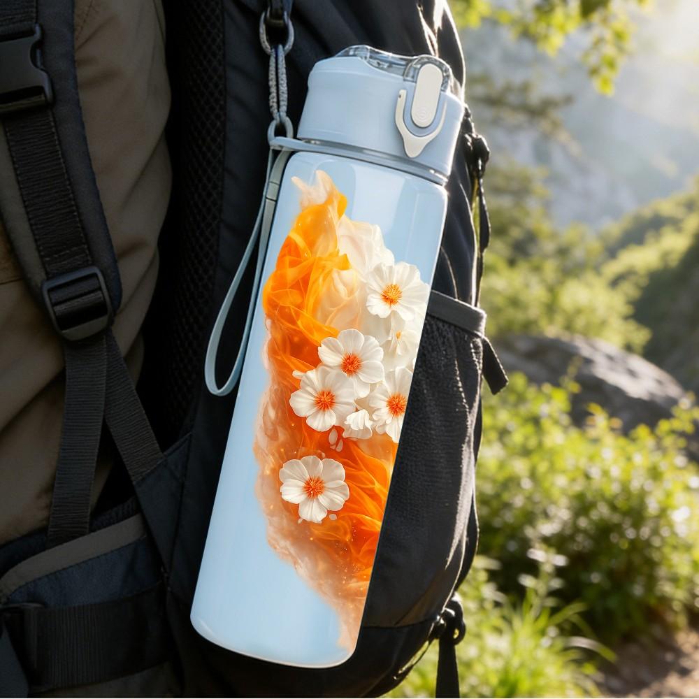 1PC Orange Tulip Flower Watercolor Print 750ml Color Plastic Sports Water Bottle Leakproof Flip Straw Lid Suitable for Sports Office Home Use