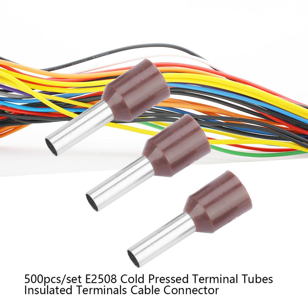 500pcs Set E2508 Cold Pressed Terminal Tubes Insulated Terminals Cable Connector(brown)
