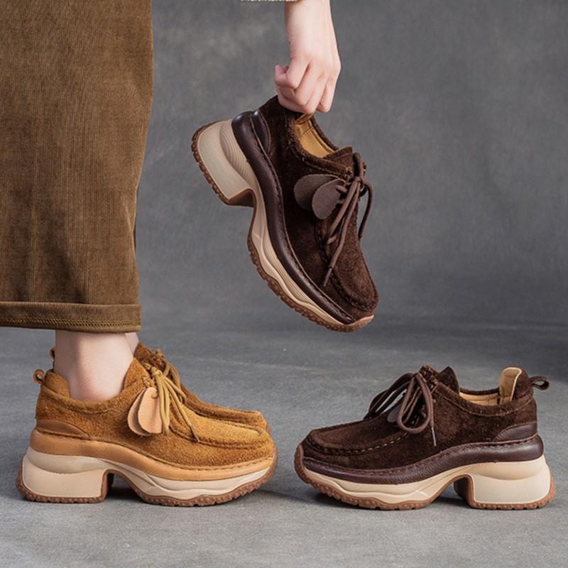 Fashion GKTINOO 2025 Autumn/Winter New Cow Suede Thick Soled Comfortable Thick Heel Shoes Versatile Lace Up Lightweight Women's Shoes