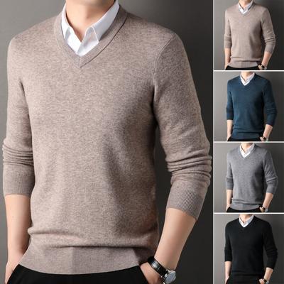 Fall Winter Men Sweater V Neck Knitted Solid Color Elastic Stretchy Pullover Mid Length Formal Business Style Sweater