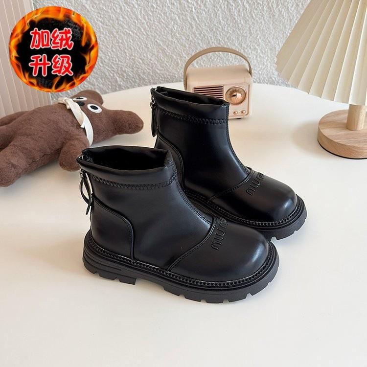Girls' short boots 2025 autumn and winter new children's velvet warm short black leather boots women's treasure fashion Martin boots