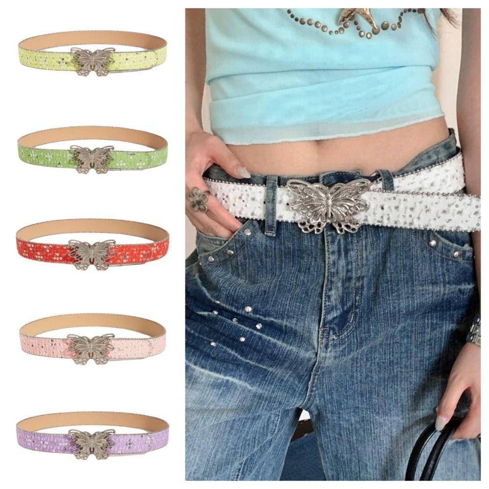 Sequins Wide Belt Y2K Denim Waistbands Simple Butterfly Belt Female/Girls