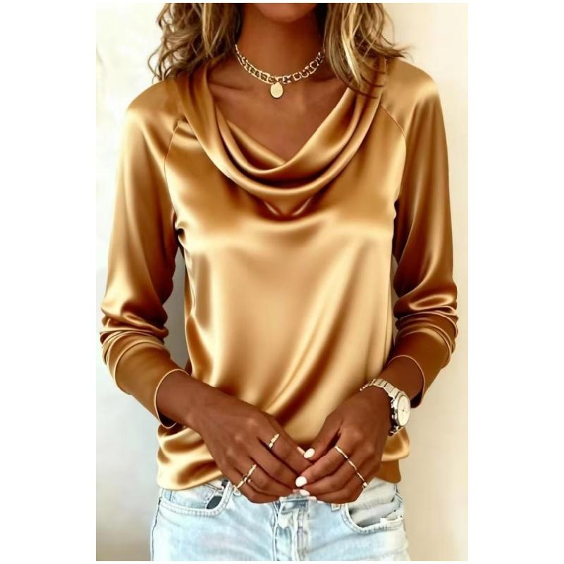 Spring Autumn Versatile Office Draped Collar Flowy Long-Sleeve Blouse - Stylish Elegant 100% Polyester Shirt