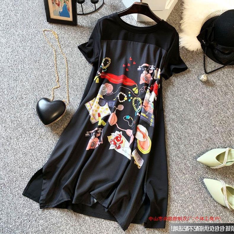 Women's Fashion Summer Spring Print Short Sleeve O-Neck High Waist Casual Dresses