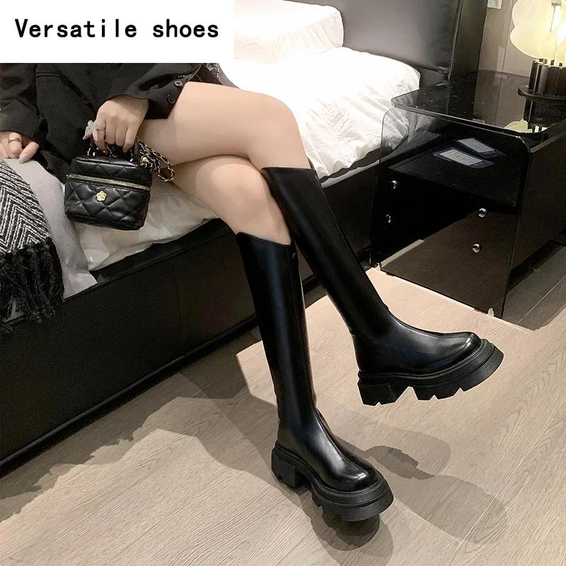 Platform Women Knee High Boots Fashion Back Zippers Knight Long Boots Square Heels Autumn Winter Ladies Shoes