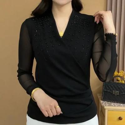 Dámské jarní designové elegantní trička jednobarevné s dlouhým rukávem síťované stylové s křížovým výstřihem korálkový top