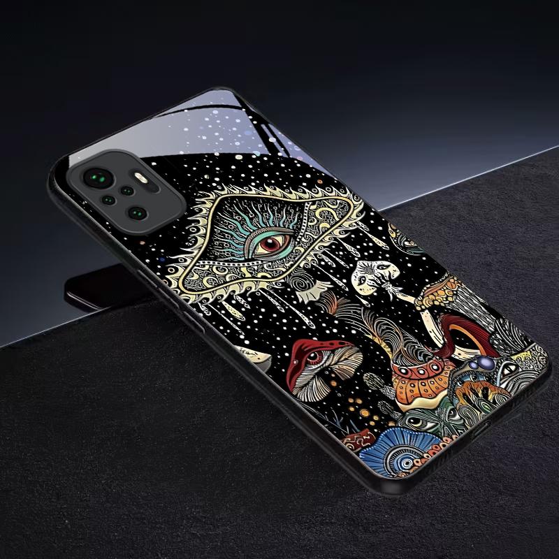 Mystic Evil Eye Mushroom Black Glass Phone Case For Redmi Note 13 Pro+ 14 Pro 8 9 9S 12S 10 Pro 11 12 A3 12 13 K60Ultra 14 Cover
