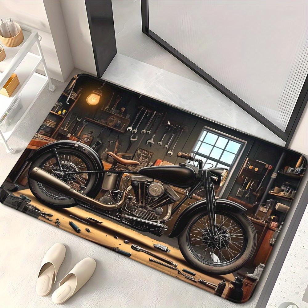 Retro Motorcycle Workshop Design Area Rug - For Bathroom, Garage, Entryway - Vintage Bike Decor Indoor/Outdoor Mat