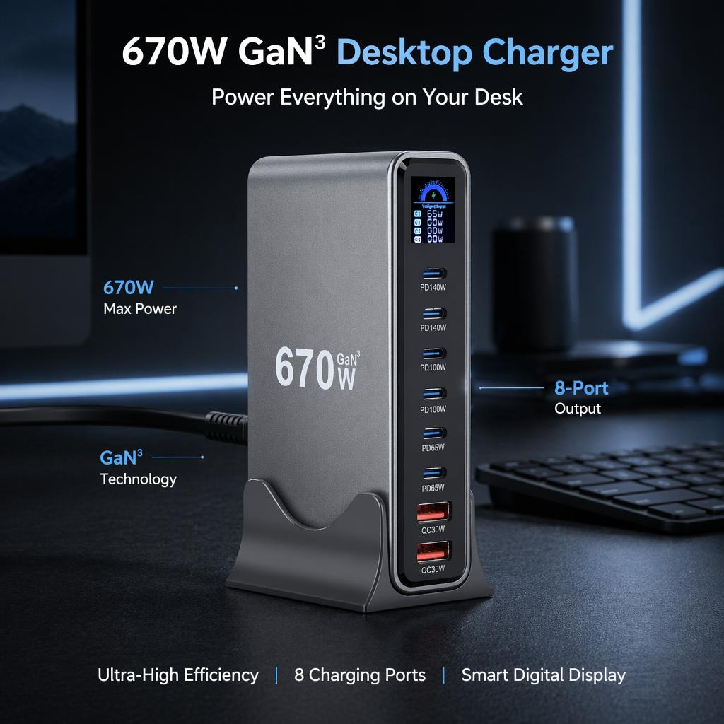 670W GaN³ Desktop Charging Station Digital Power Display 6 USB-C PD 2USB-A QC Power PD 140W Laptop PC Phone Tablet Charger Hub