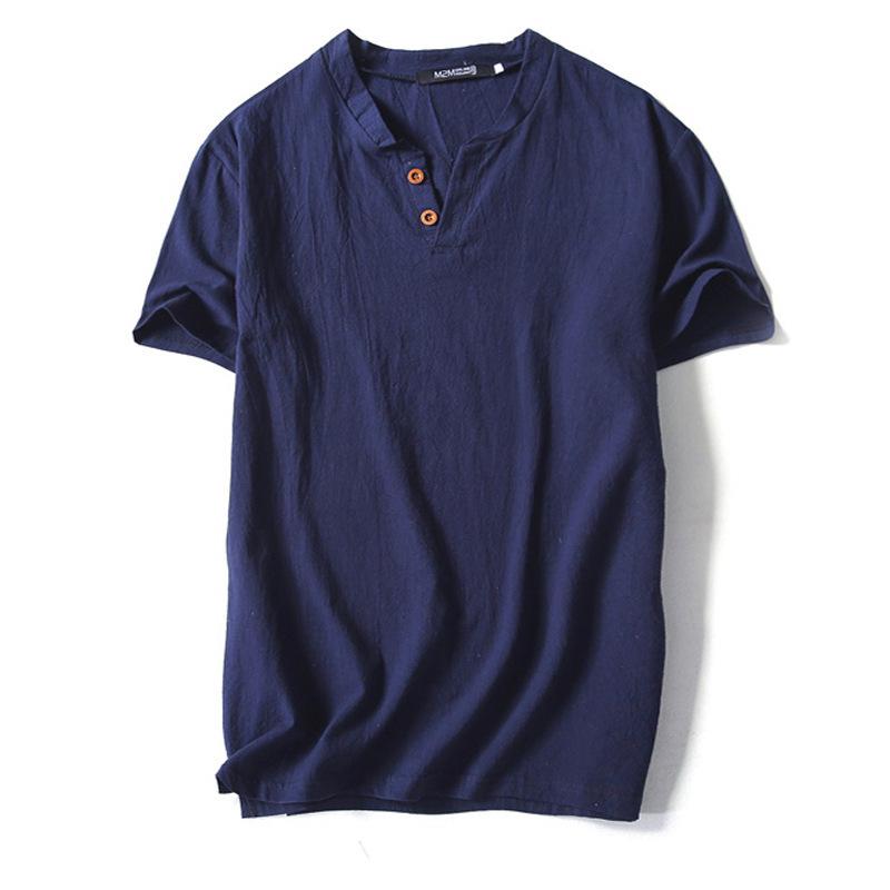 Men's Plus Size Summer Cotton-Linen V-Neck Loose Fit Short Sleeve T-Shirt