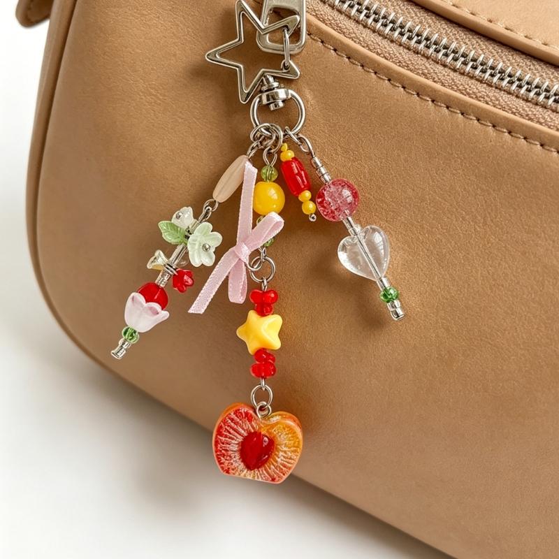 Beaded Keychain Charm Decorative Bag Charm With Fruit-Inspired Beads, Alloy Hardware and 12 cm Hanging Length for Keys, Handbag Zipper Pull
