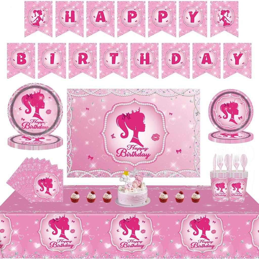 161CT Pink Babe Girl Happy Birthday Party Supplies Hot Pink Girl Party Decorations Tableware for 20 Guests for Baby Shower