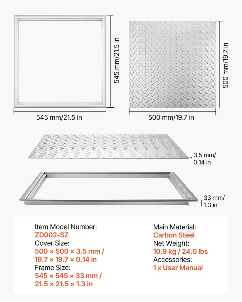 Manhole Cover with Frame, 500 X 500mm Square Septic Tank Lid with Base, Heavy-Duty Slip-Resistant Carbon Steel Drain Channel Inspection Access Cover