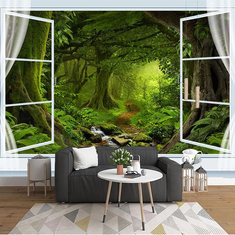 

Any Size Mural Wallpaper 3D Window Green Tree Forest Mural Landscape Nature Scenery Wallpaper Living Room 200 cm(W) x 140 cm(H)