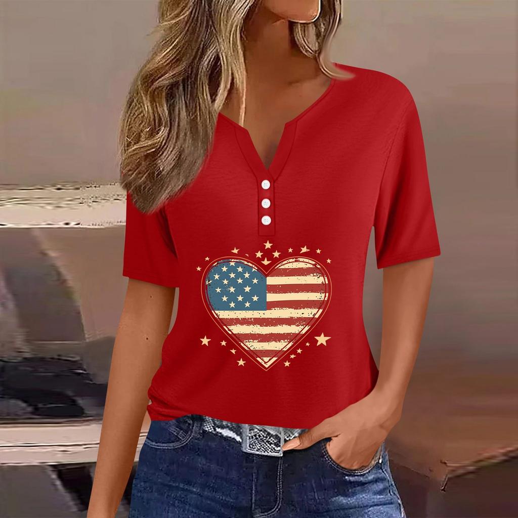 Women's T Shirt Tee Independence Day Print Button Short Sleeve Daily Weekend Fashion Basic V-Neck Regular Top