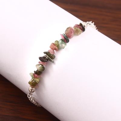 Natural Raw Tourmaline October Birthstone Bracelet, Chips Bracelet, 925 Sterling Silver Bracelet, Watermelon Tourmaline Crystal Bracelets.