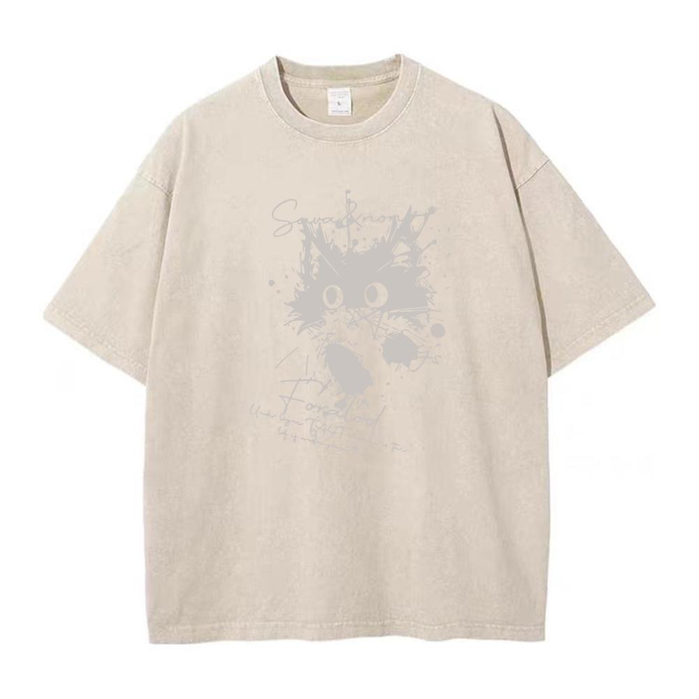 Spring Summer New Washed TShirt Loose Fitting Casual Cat Print Pure Cotton Crew Neck Short Sleeve Retro Street Style