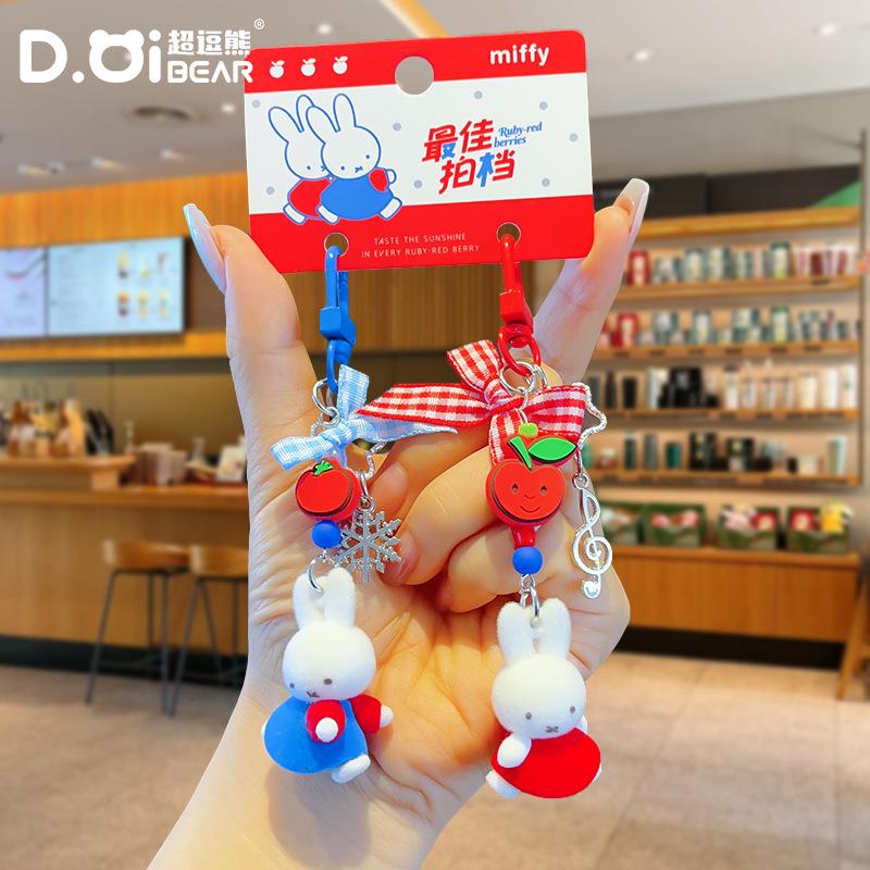 Kawaii Miffy Rabbit Keychain Cute Cartoon Red Fruit Story Bow Embroidered Creepy Keychain Best Friend's Festival Gift
