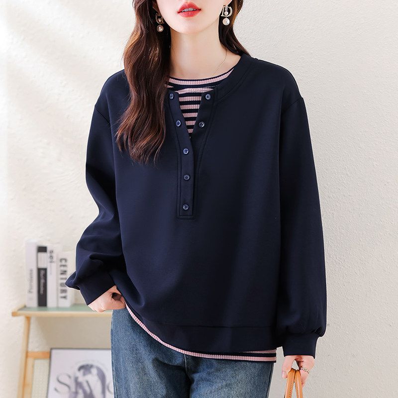 

September Momo Fashion Stripe Fake Two Pieces Hoodie Ozhouzhan Plus size Leisure Women clothes 2025 New Autumn clothes Top Navy blue 4XL
