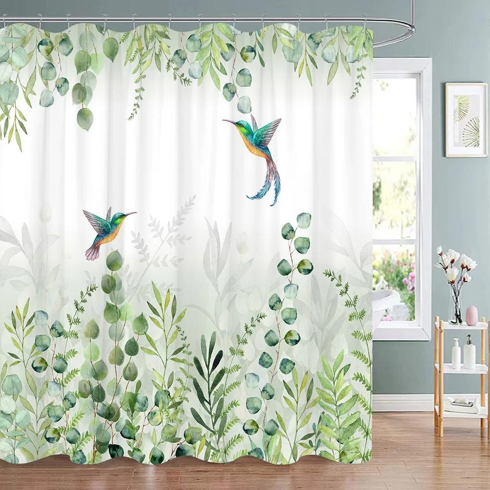 Spring Botanical Floral Shower Curtain Watercolour Style Floral Landscape Washable Fabric Bath Curtain Bathroom Decor With Hooks