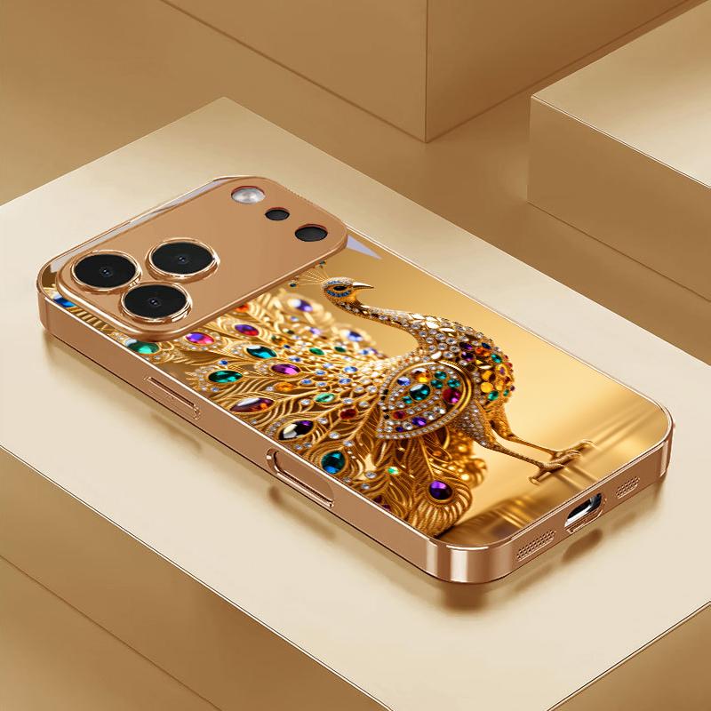 Jeweled Peacock Electroplated Golden Phone Case For iPhone 17Air 17 16 15 14 13 12 11 Pro Max Plus 16E XR 7 8 Xs X Glass Cover