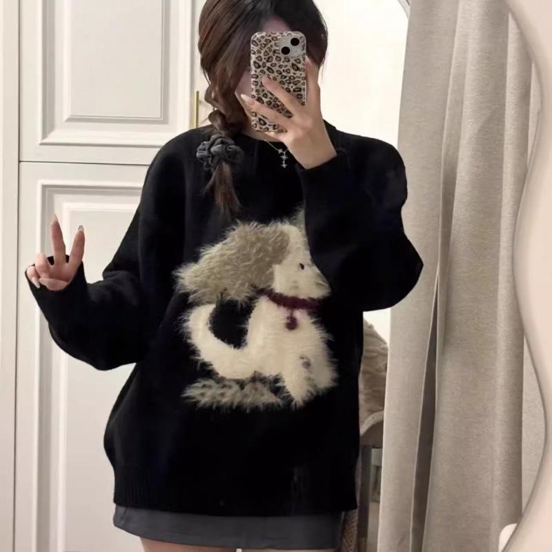 Autumn/Winter Small Dog Jacquard Sweater: Women's Casual Loose-Fit, Age-Reducing, Trendy Round Neck Knitwear.
