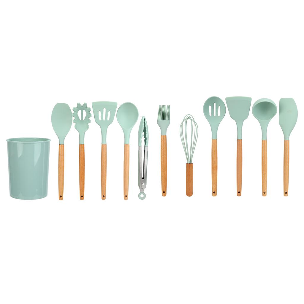 12Pcs/Set Cooking Utensil with Wooden Handle Silicone Cooking Tool for Home KitchenLight Green