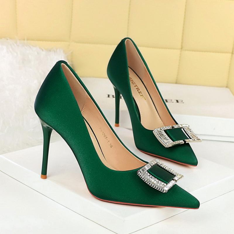 Fashionable High Heels For Women With Light Mouth Square Buckle Rhinestone Slim Heels Single Shoes Pointed Toe High-End Shoes