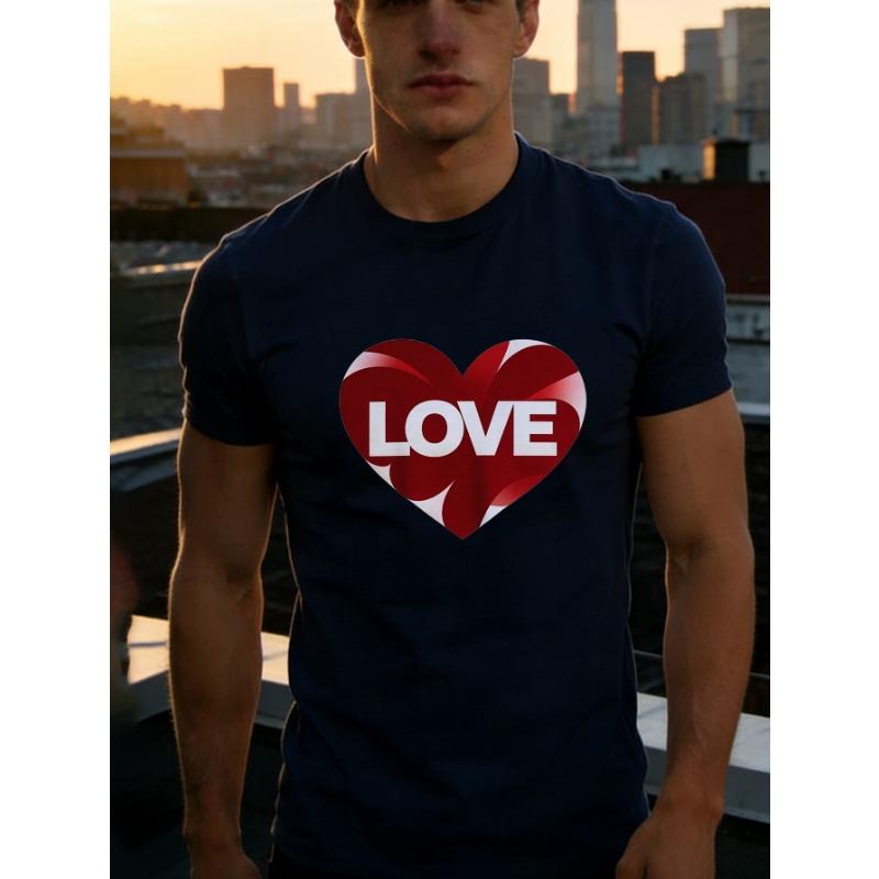 European sizes Men'S T-Shirt with Heart Design And 'LOVE' Slogan, a Short-Sleeved Adult Tee Featuring Love Prints
